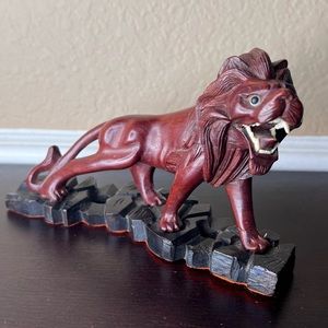 Vintage Midcentury Carved Wood Roaring Lion on Stand, Leo Birthday Gift, Asiana
